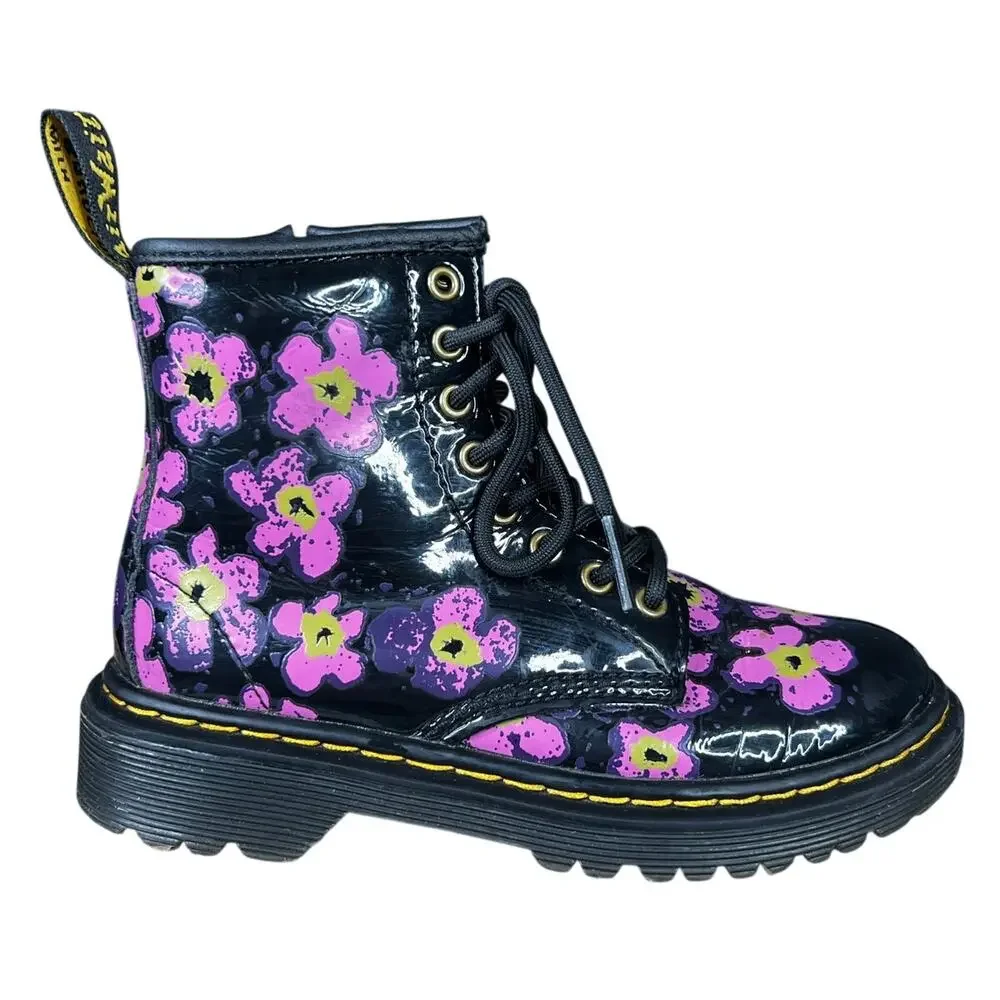 Dr. Martens Toddler Floral Black Patent Leather Combat Boots Size US 12